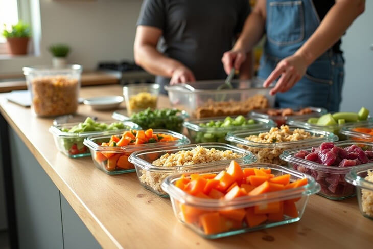 Meal prep containers with healthy family meals for the week.