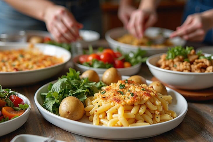 Variety of cheap healthy family meals on dinner table