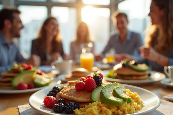 Low carb gluten free breakfast with energised Australian professionals enjoying productive morning meeting in background.