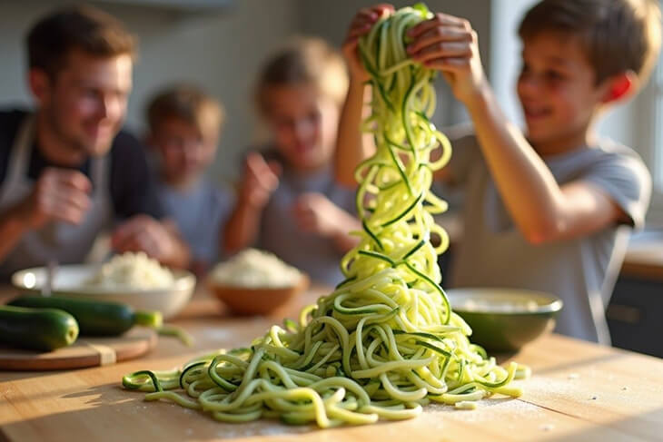 Making zucchini noodles as low carb gluten free pasta alternative with curious family learning together in background.