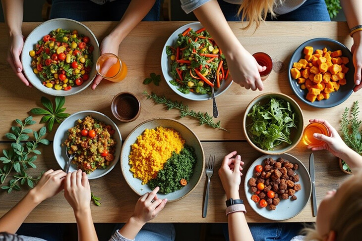 Freshly prepared meal on a plate, surrounded by healthy ingredients in a well-lit kitchen