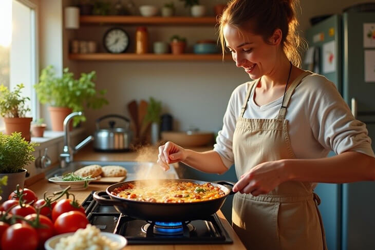 Quick vegetarian weeknight dinner preparation in Australian family kitchen.