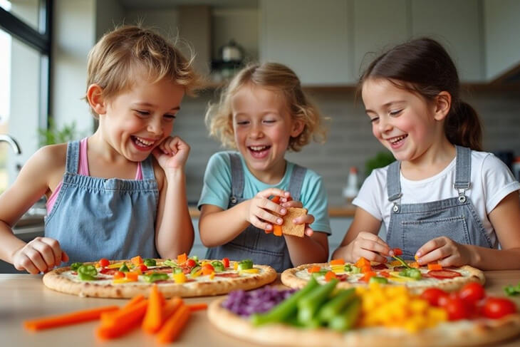 Children preparing fun vegetarian meals with colourful vegetables.