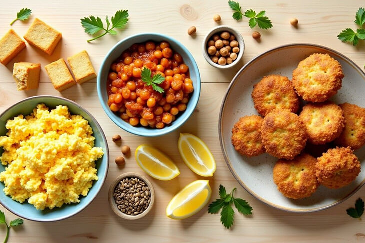 Protein-rich vegetarian meal ingredients include tofu, lentils, and eggs. 