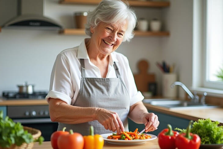 Freshly prepared meal on a plate, surrounded by healthy ingredients in a well-lit kitchen