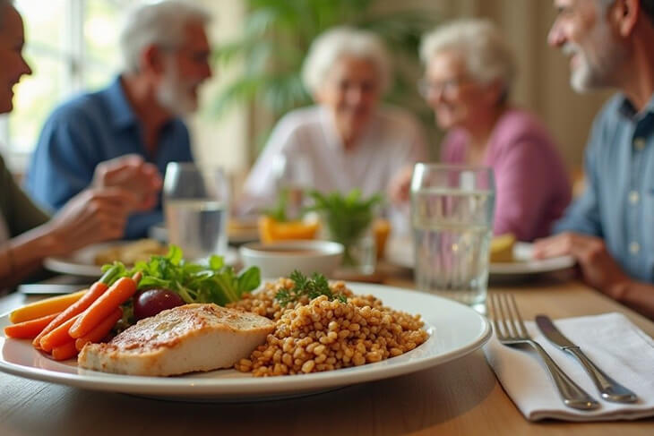 Balanced healthy meal with protein vegetables and grains with elderly diners in background. 