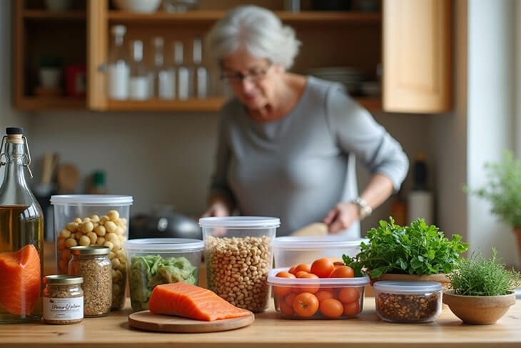 Healthy pantry staples with elderly person organising kitchen cupboard in background.