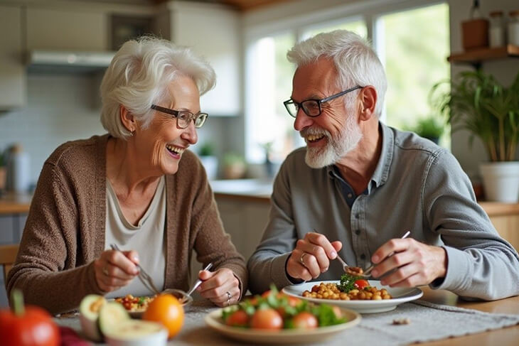 Elderly couple enjoying healthy meal together at dining table.
