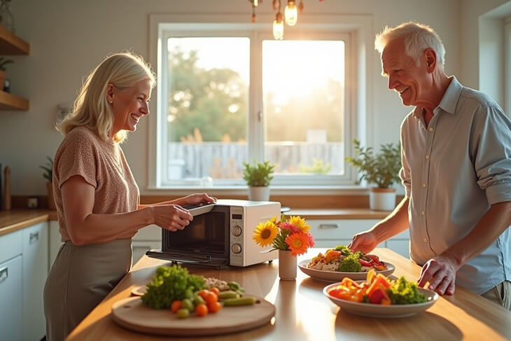 Freshly prepared meal on a plate, surrounded by healthy ingredients in a well-lit kitchen
