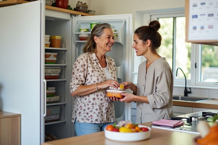 Family helping elderly person organise easy reheatable meals.