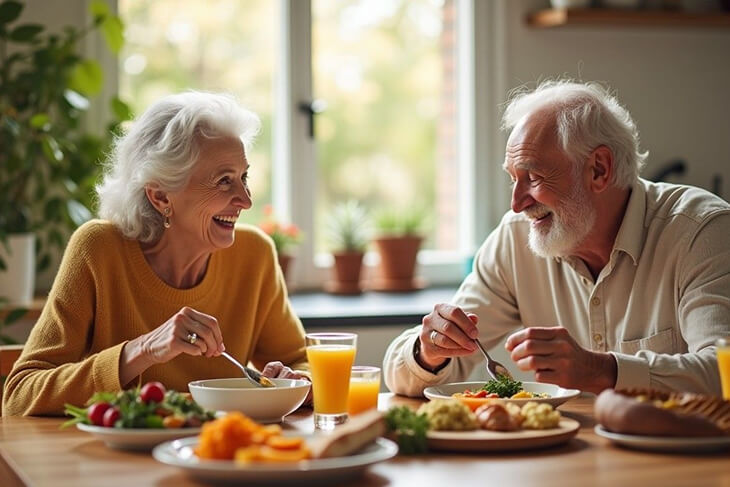 Freshly prepared meal on a plate, surrounded by healthy ingredients in a well-lit kitchen