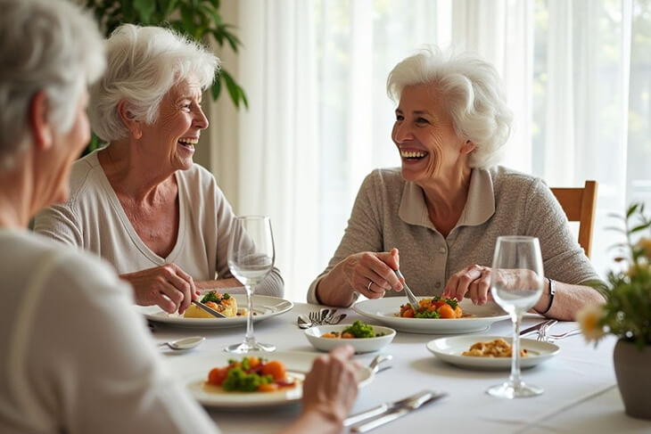 Elderly woman enjoying dignified mealtime with family sharing soft meals together.