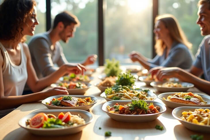 Freshly prepared meal on a plate, surrounded by healthy ingredients in a well-lit kitchen