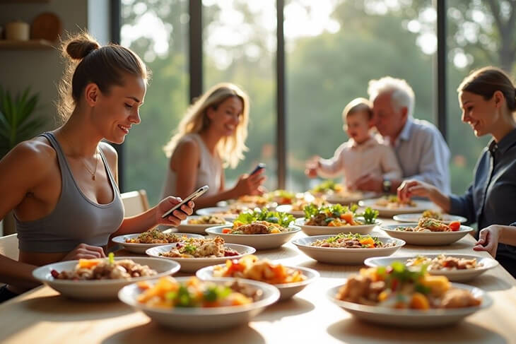 Diverse group of Australians, professionals, fitness enthusiasts, parents, and older adults, gathering around high protein meals. 