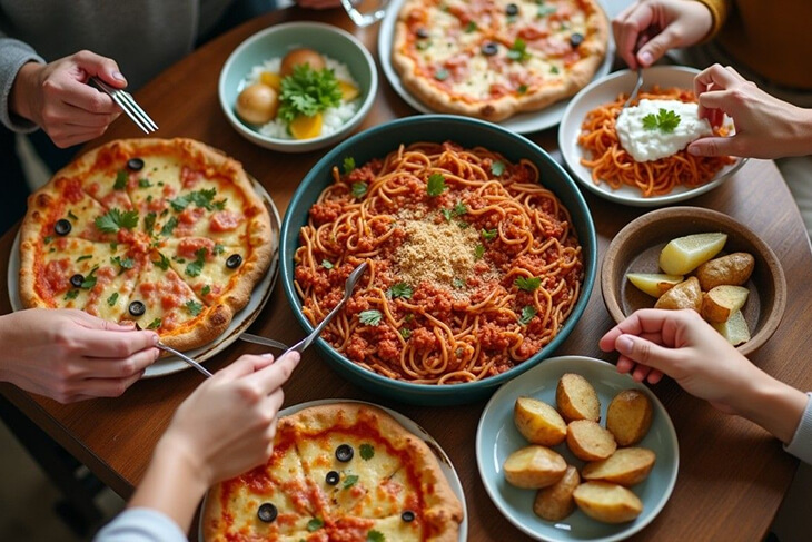 Freshly prepared meal on a plate, surrounded by healthy ingredients in a well-lit kitchen