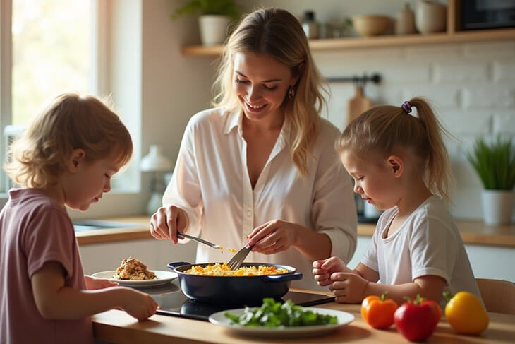 Family cooking budget-friendly one-pot rice meal together in Australian home kitchen.