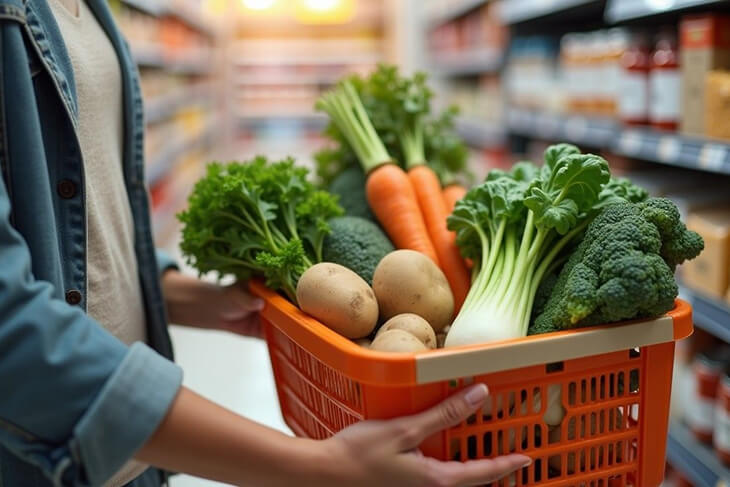 Smart grocery shopping with seasonal vegetables and budget-friendly staples in a shopping basket.