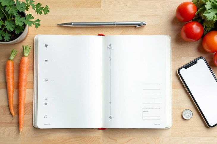 Weekly meal planning setup with grocery list and fresh ingredients for affordable family meals.