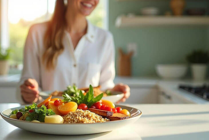 Freshly prepared meal on a plate, surrounded by healthy ingredients in a well-lit kitchen