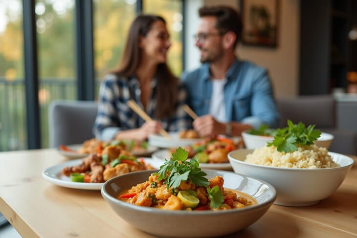 Asian-inspired easy to prepare meals, including Satay Chicken with couple dining in background.