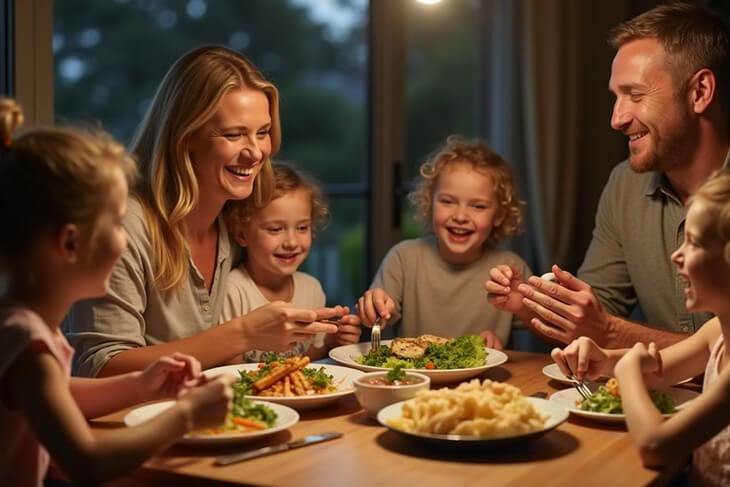 Australian family enjoying 30 easy to prepare nutritious meals together.