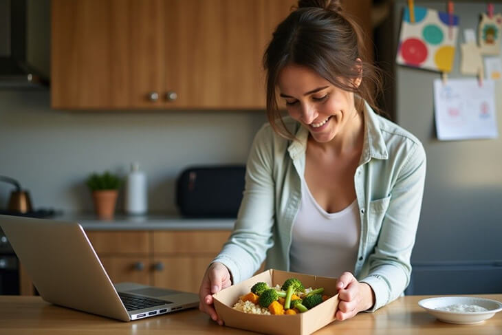 Busy Australian woman enjoying keto meal at home after work—fresh, convenient and ready in minutes.