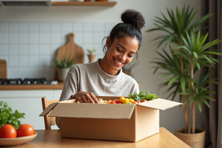 Freshly prepared meal on a plate, surrounded by healthy ingredients in a well-lit kitchen
