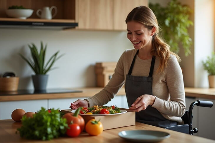 NDIS participant easily preparing a delivered meal at home - meal delivery support through Core Supports funding.