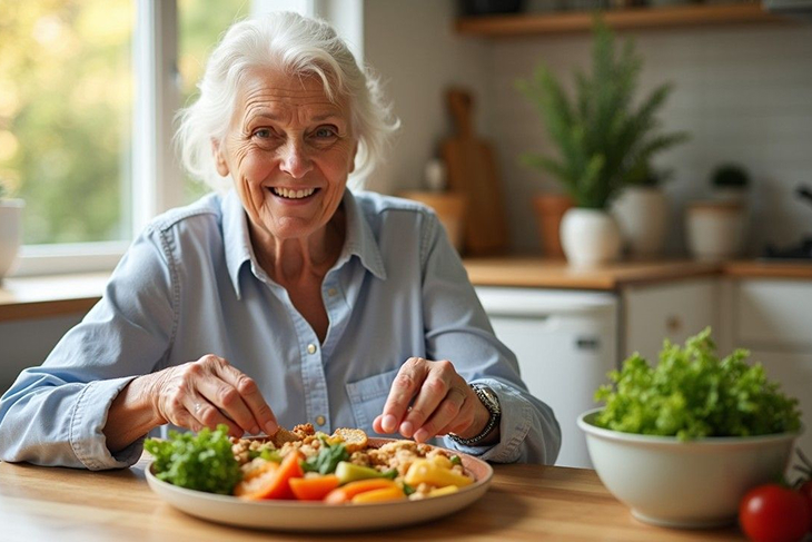 Freshly prepared meal on a plate, surrounded by healthy ingredients in a well-lit kitchen