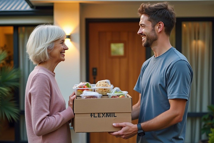 Support at Home program meal delivery arriving at an Australian senior couple's home.