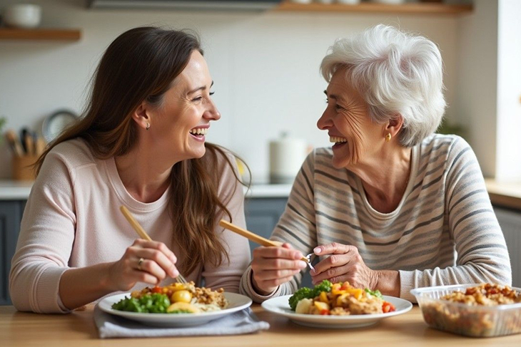 Adult daughter and elderly mother enjoying Nourish'd meals together at home, representing family involvement in aged care.
