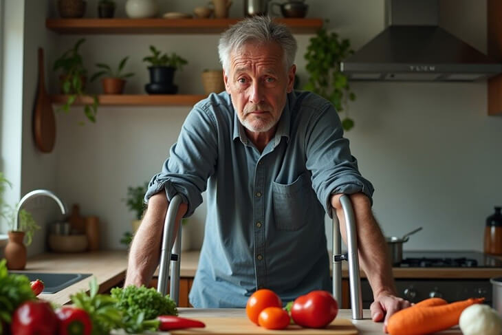 Person with disability feeling overwhelmed by meal preparation challenges in their kitchen.