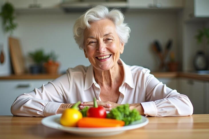 Freshly prepared meal on a plate, surrounded by healthy ingredients in a well-lit kitchen
