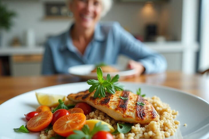 Nutritious balanced meal with protein and vegetables suitable for older Australians.
