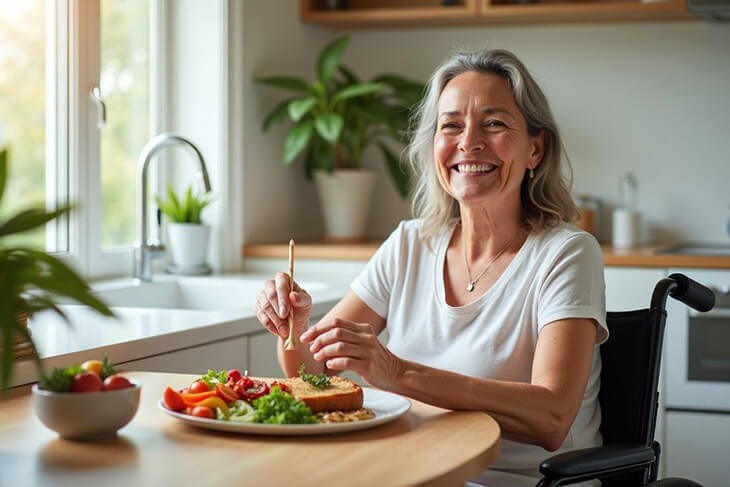 Freshly prepared meal on a plate, surrounded by healthy ingredients in a well-lit kitchen