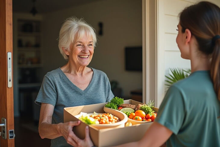 Freshly prepared meal on a plate, surrounded by healthy ingredients in a well-lit kitchen
