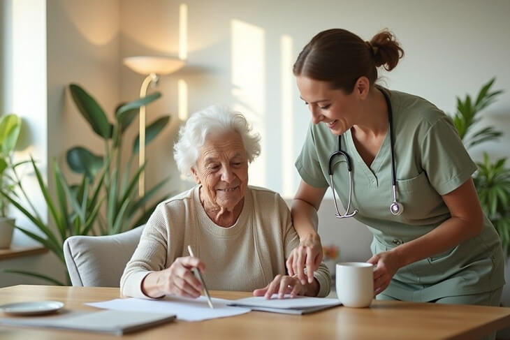 Elderly Australian woman receiving supportive care assistance at home, representing aged care services available through the Commonwealth Home Support Program and Home Care Packages.