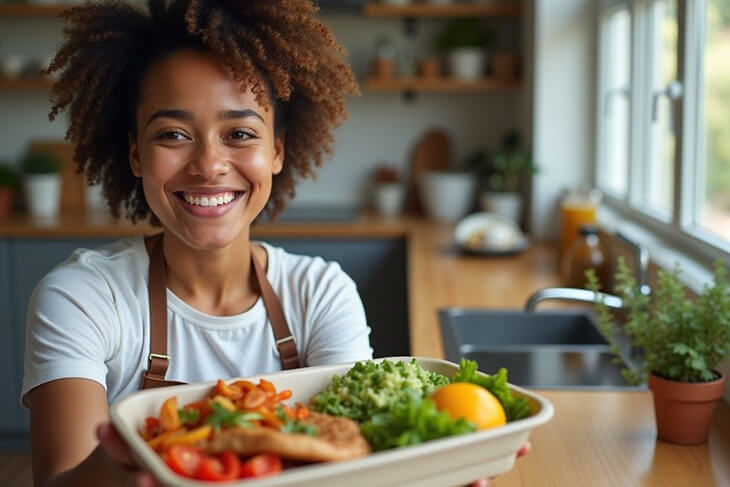 Freshly prepared meal on a plate, surrounded by healthy ingredients in a well-lit kitchen