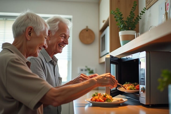 NDIS participant easily reheating a nutritious meal delivered.