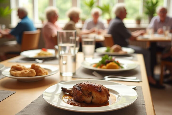 Sample weekly aged care food menu meals including roast chicken, lamb shank broth, and lemon pepper chicken served in a communal dining setting.