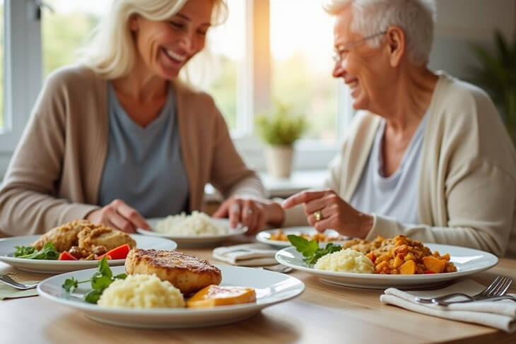 Three dietary-modified aged care meals, including gluten-free, soft-textured, and dairy-free options, with a carer and elderly woman in the background.