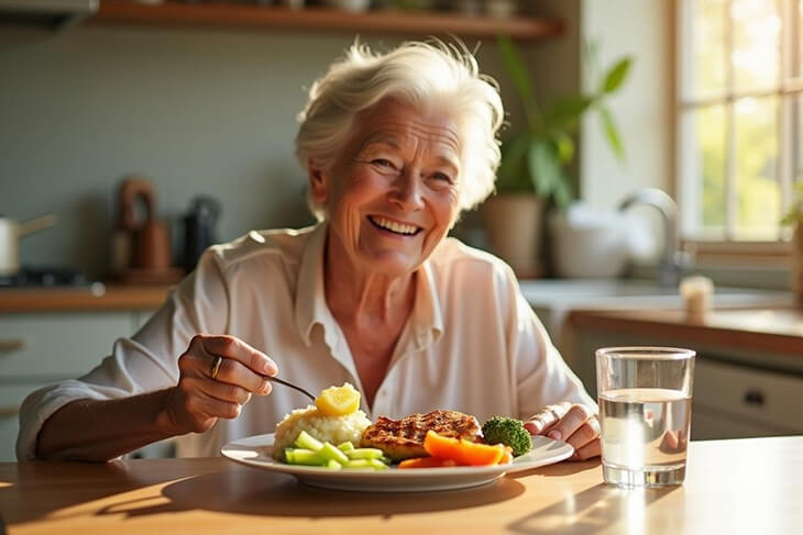 Freshly prepared meal on a plate, surrounded by healthy ingredients in a well-lit kitchen