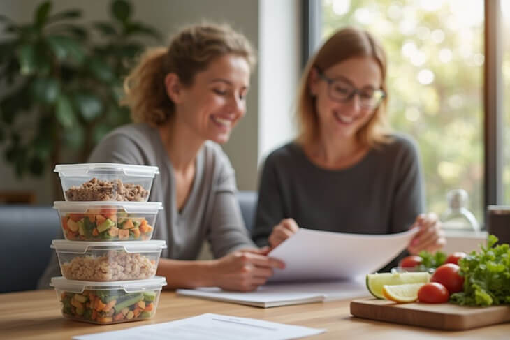 Australian NDIS participant and support coordinator discussing capacity building supports at a table.