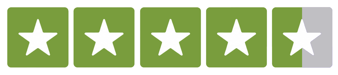Four and a half white stars on green and gray background for rating.