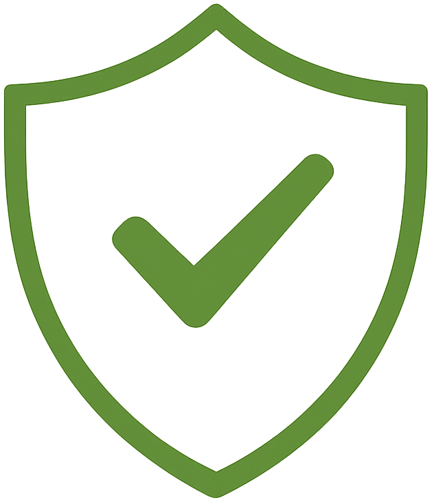 Green shield outline with a green checkmark inside symbolizing security or approval.