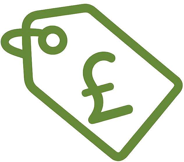 Green outline of a price tag with a British pound currency symbol inside.