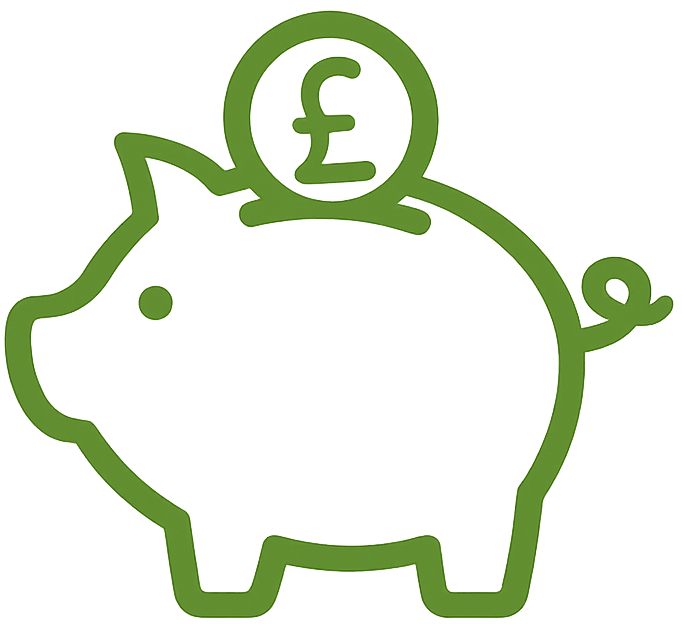 Green outline of a piggy bank with a British pound coin inserted on its back.