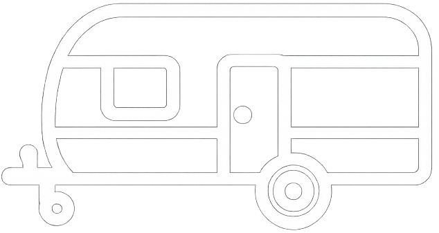 White outline icon of a caravan trailer with a door, window, and wheel on a transparent background.