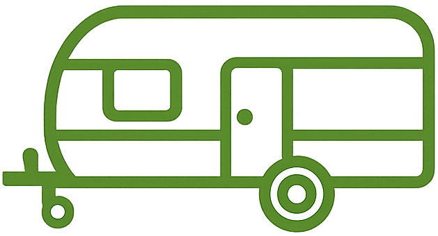 Green line drawing of a caravan trailer with door and window, monochrome icon style.