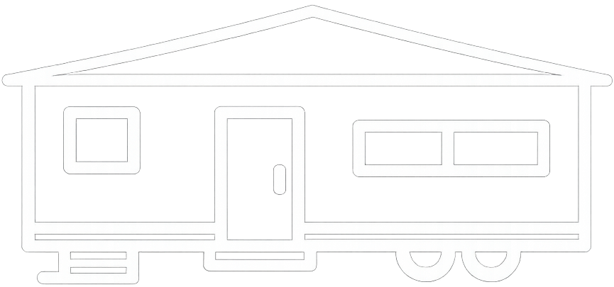 Outline icon of a caravan with a door, two windows, and dual wheels on a black background.